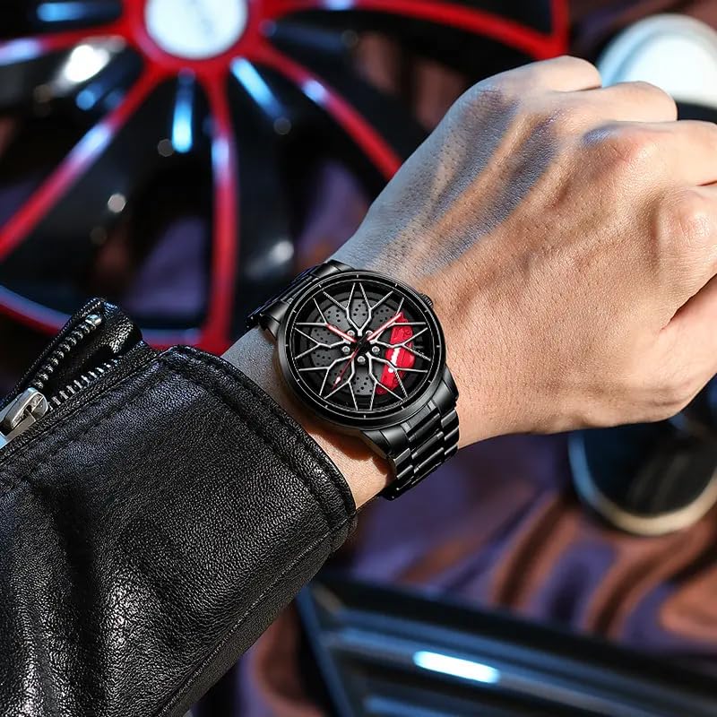 GOLDENIZE FASHION Branded Men's Sport Quartz Watch Car Wheel Multicolour Dial Wheel Dial 360 Rotating Casual Fashion Stainless Steel Alloy Mens &Boy's Luxury Metal Gift Creative Watch