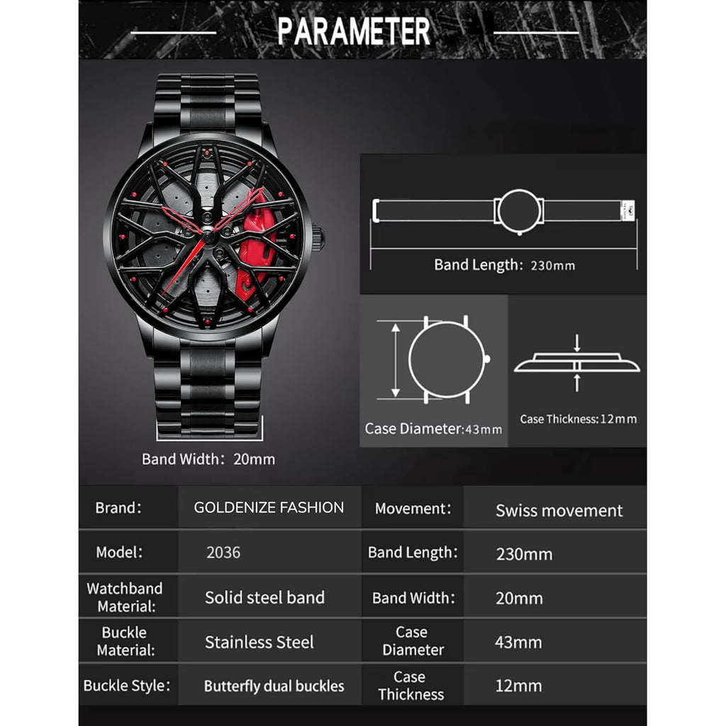 GOLDENIZE FASHION Branded Men's Sport Quartz Watch Car Wheel Multicolour Dial Wheel Dial 360 Rotating Casual Fashion Stainless Steel Alloy Mens &Boy's Luxury Metal Gift Creative Watch