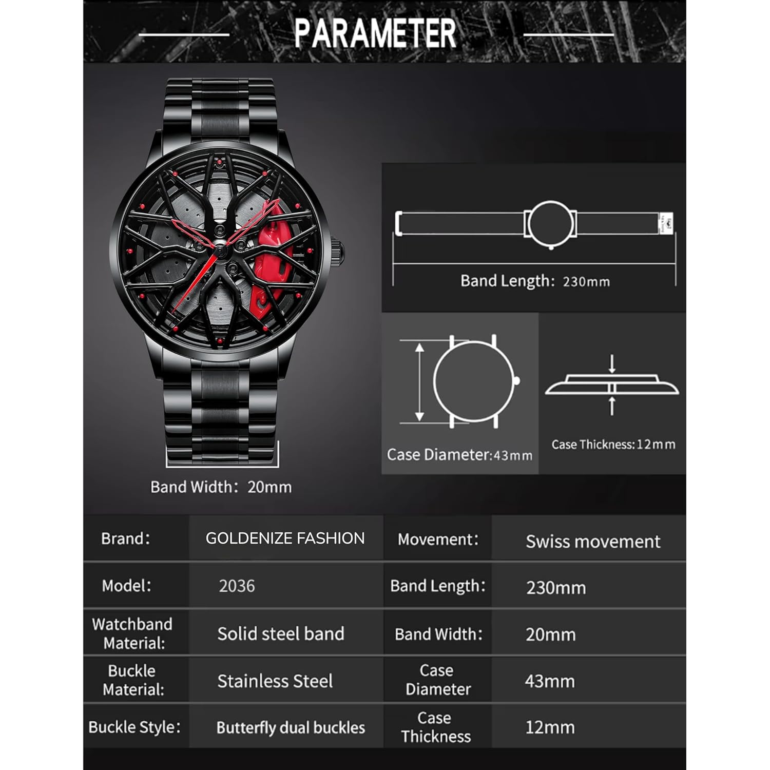 GOLDENIZE FASHION Branded Men's Sport Quartz Watch Car Wheel Multicolour Dial Wheel Dial 360 Rotating Casual Fashion Stainless Steel Alloy Mens &Boy's Luxury Metal Gift Creative Watch