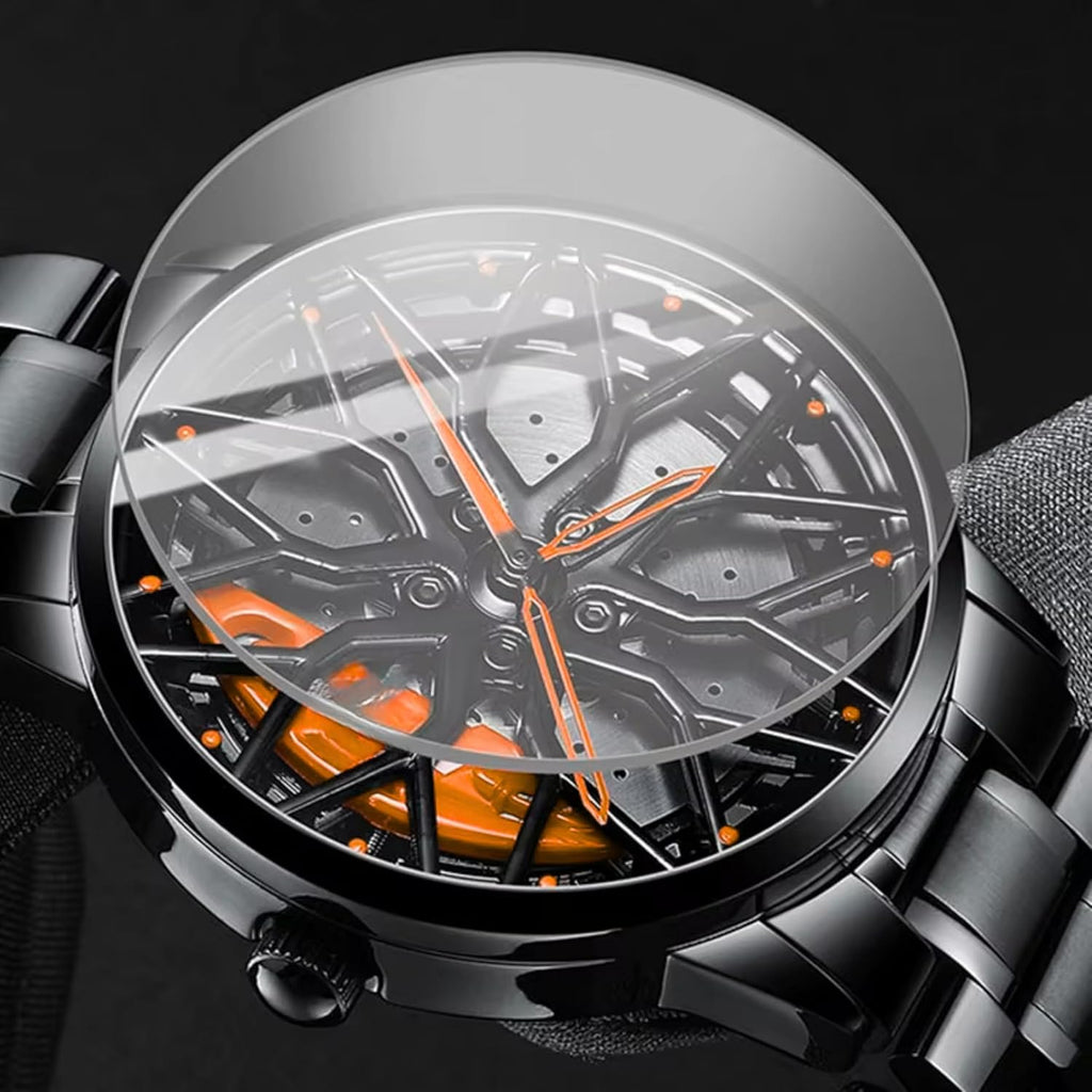 GOLDENIZE FASHION Branded Men's Sport Quartz Watch Car Wheel Multicolour Dial Wheel Dial 360 Rotating Casual Fashion Stainless Steel Alloy Mens &Boy's Luxury Metal Gift Creative Watch