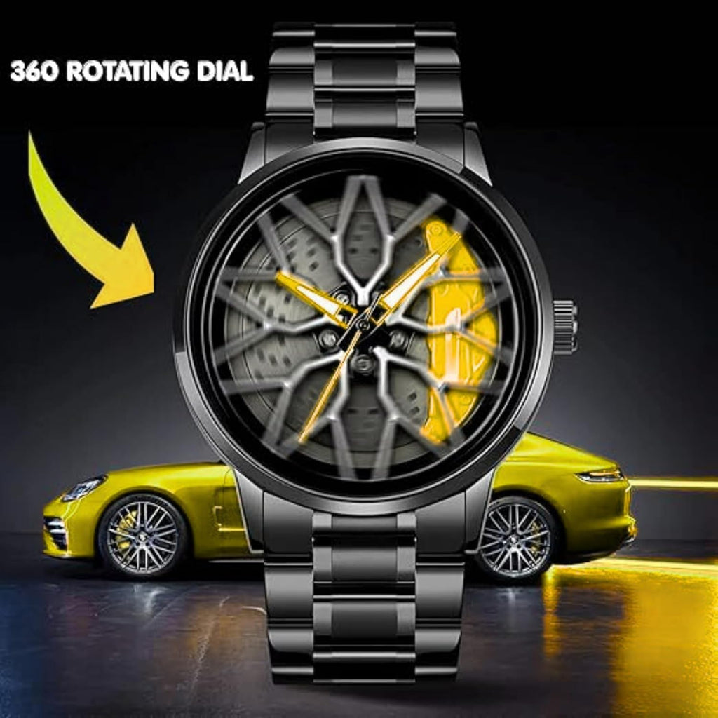 GOLDENIZE FASHION Branded Men's Sport Quartz Watch Car Wheel Multicolour Dial Wheel Dial 360 Rotating Casual Fashion Stainless Steel Alloy Mens &Boy's Luxury Metal Gift Creative Watch