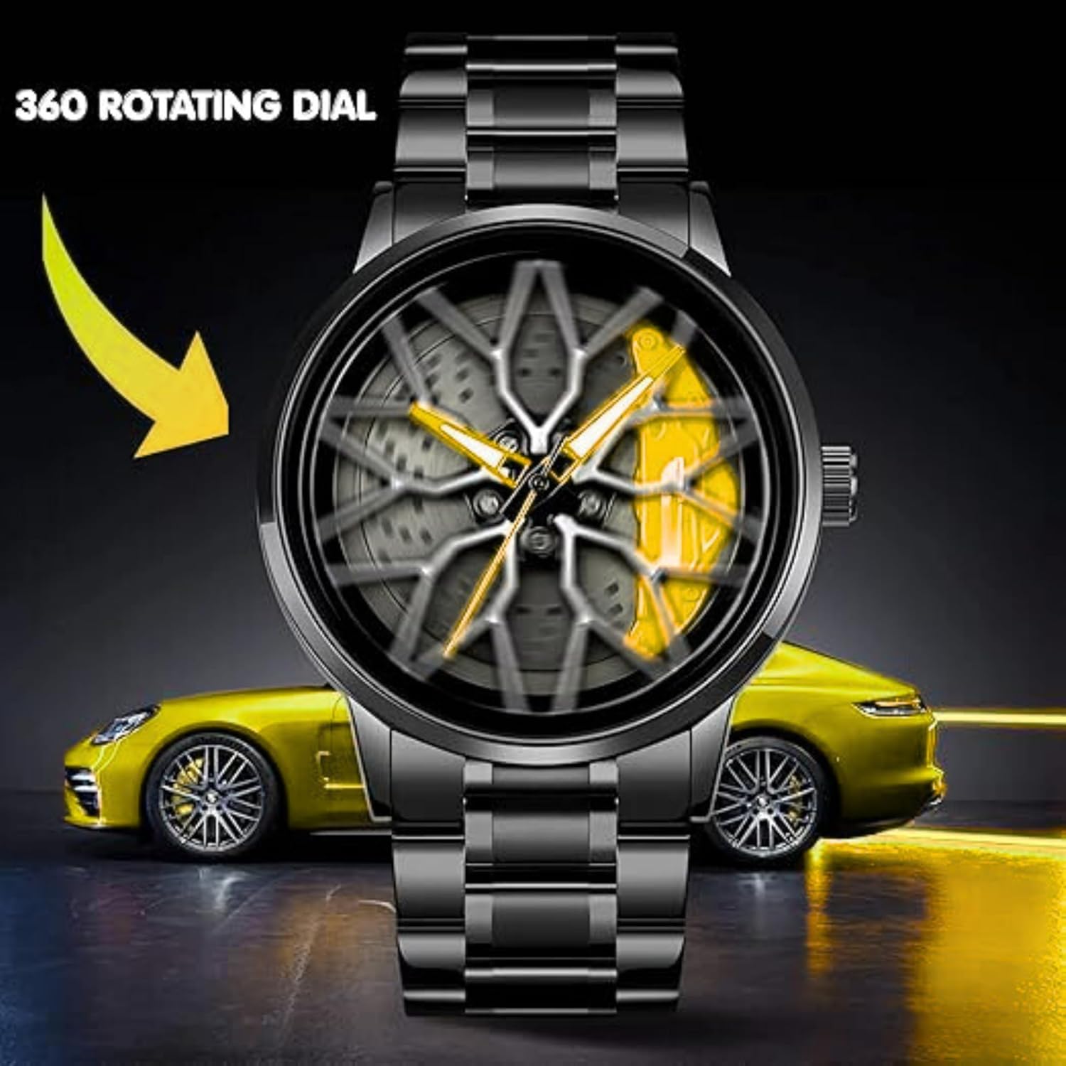 GOLDENIZE FASHION Branded Men's Sport Quartz Watch Car Wheel Multicolour Dial Wheel Dial 360 Rotating Casual Fashion Stainless Steel Alloy Mens &Boy's Luxury Metal Gift Creative Watch