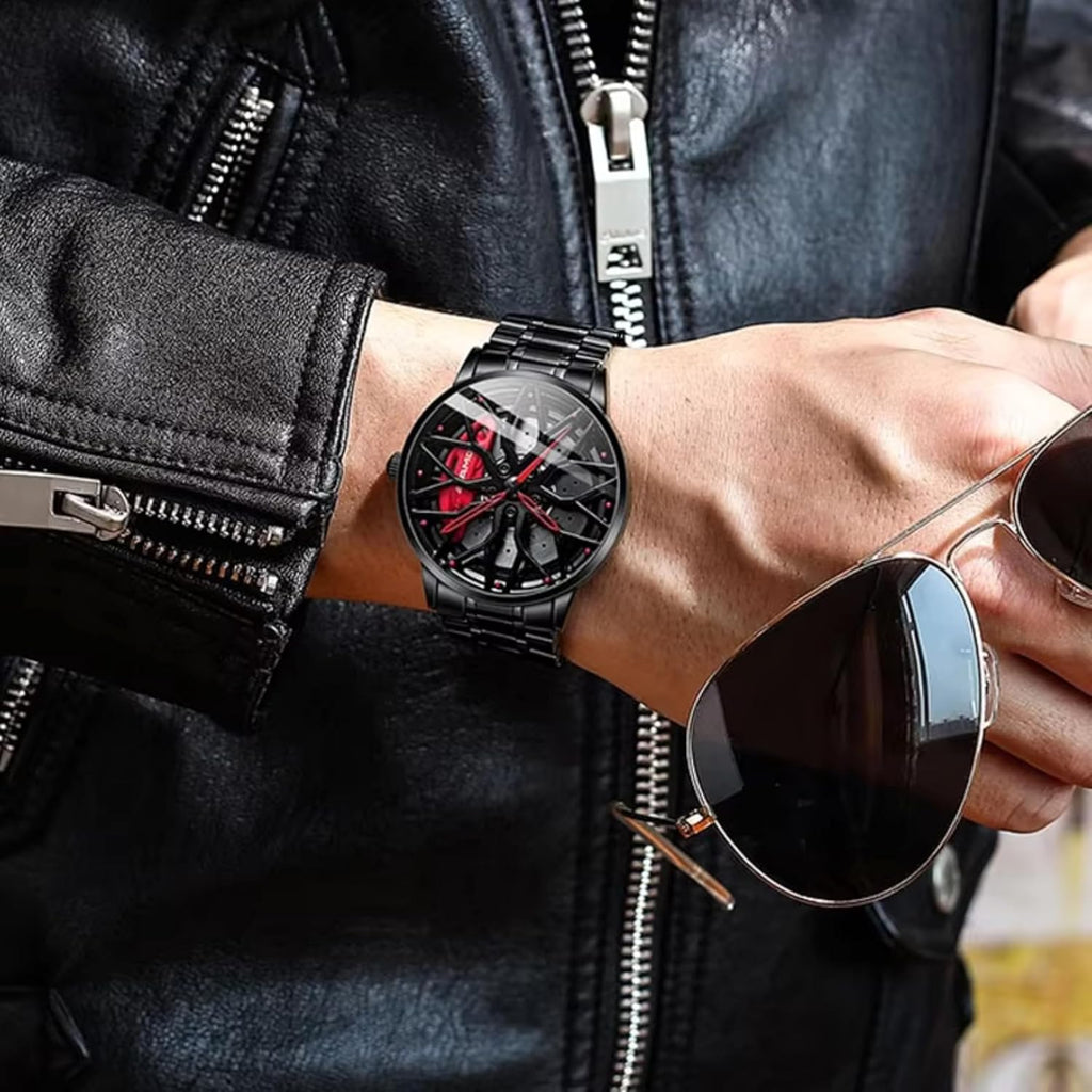 GOLDENIZE FASHION Branded Men's Sport Quartz Watch Car Wheel Multicolour Dial Wheel Dial 360 Rotating Casual Fashion Stainless Steel Alloy Mens &Boy's Luxury Metal Gift Creative Watch