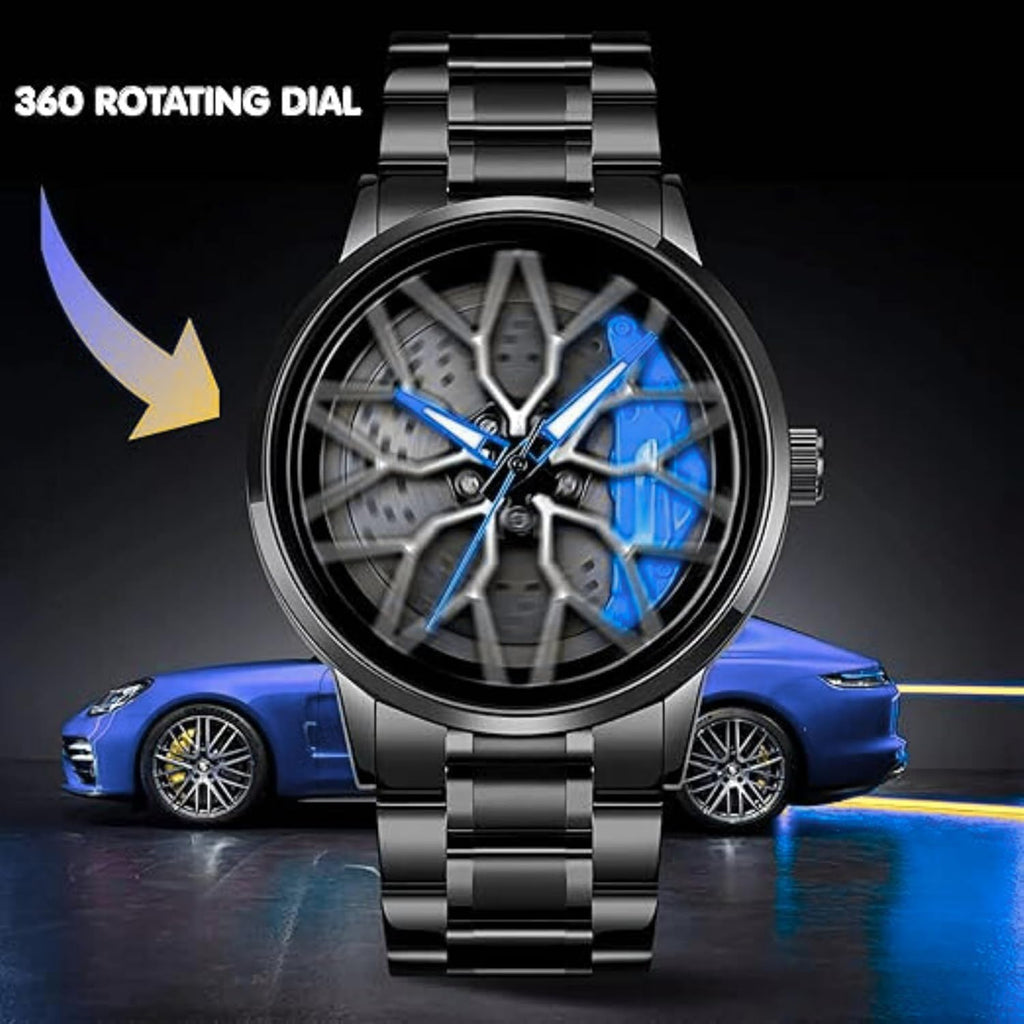 GOLDENIZE FASHION Branded Men's Sport Quartz Watch Car Wheel Multicolour Dial Wheel Dial 360 Rotating Casual Fashion Stainless Steel Alloy Mens &Boy's Luxury Metal Gift Creative Watch