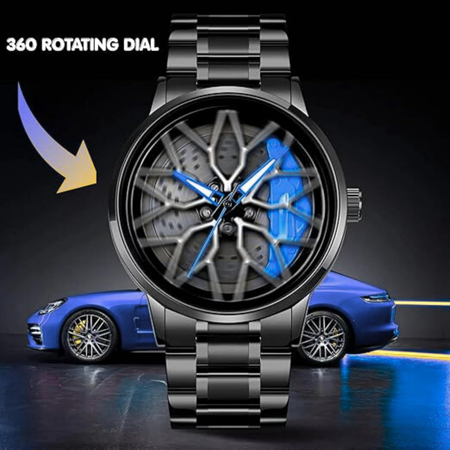 GOLDENIZE FASHION Branded Men's Sport Quartz Watch Car Wheel Multicolour Dial Wheel Dial 360 Rotating Casual Fashion Stainless Steel Alloy Mens &Boy's Luxury Metal Gift Creative Watch