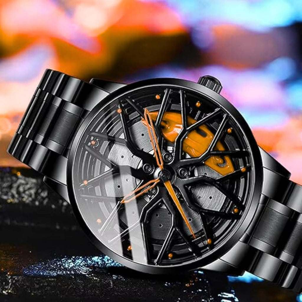 GOLDENIZE FASHION Branded Men's Sport Quartz Watch Car Wheel Multicolour Dial Wheel Dial 360 Rotating Casual Fashion Stainless Steel Alloy Mens &Boy's Luxury Metal Gift Creative Watch