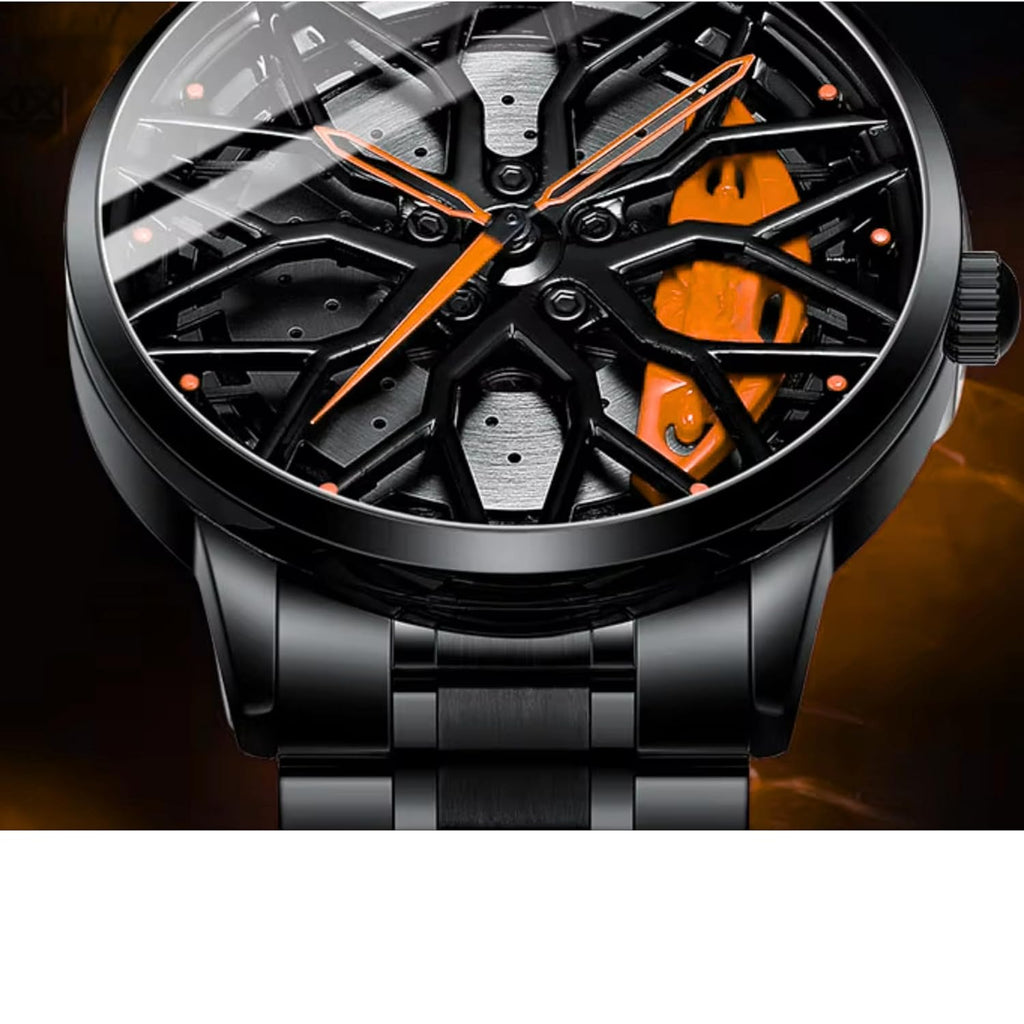 GOLDENIZE FASHION Branded Men's Sport Quartz Watch Car Wheel Multicolour Dial Wheel Dial 360 Rotating Casual Fashion Stainless Steel Alloy Mens &Boy's Luxury Metal Gift Creative Watch