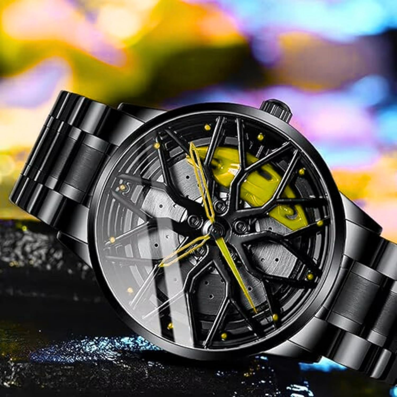 GOLDENIZE FASHION Branded Men's Sport Quartz Watch Car Wheel Multicolour Dial Wheel Dial 360 Rotating Casual Fashion Stainless Steel Alloy Mens &Boy's Luxury Metal Gift Creative Watch