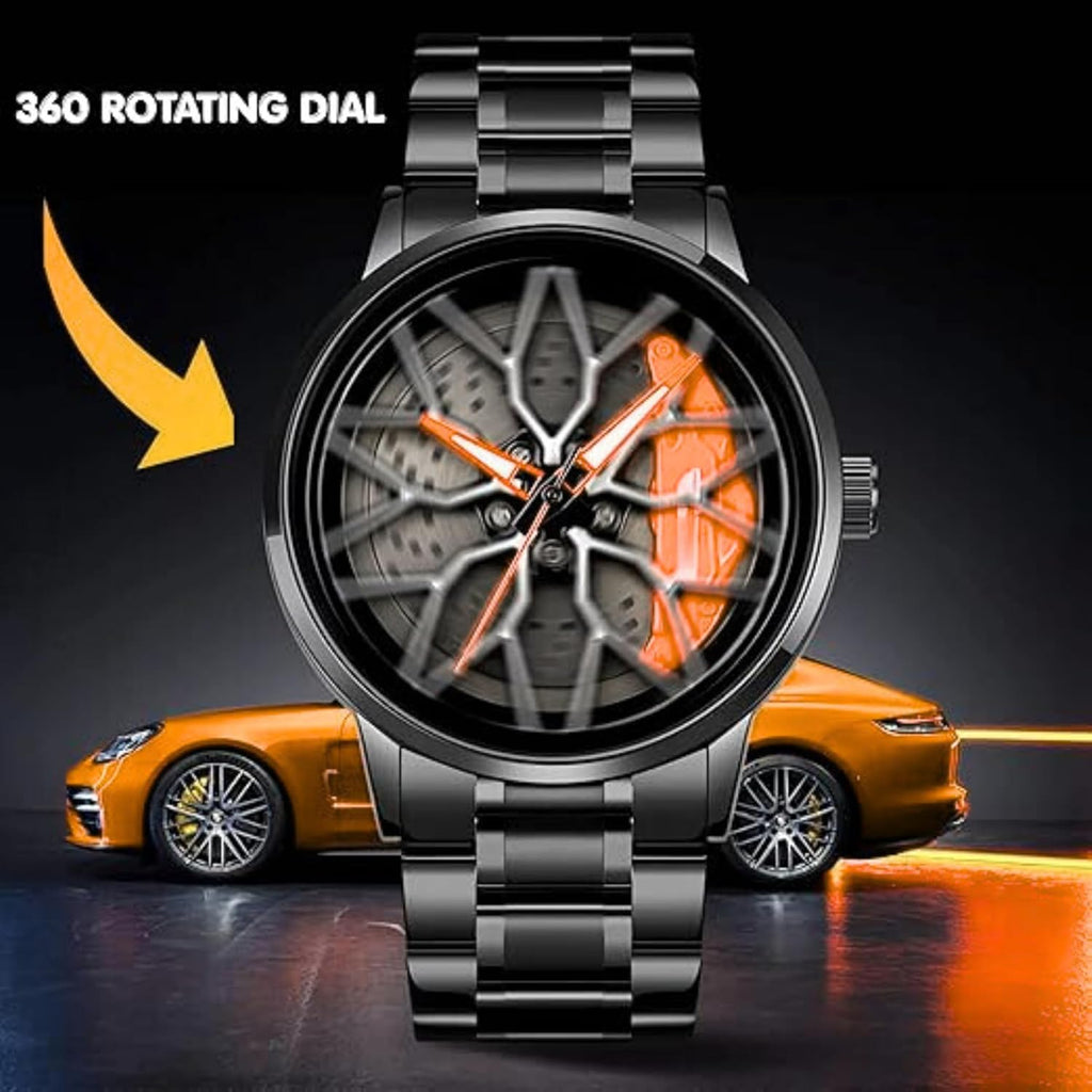 GOLDENIZE FASHION Branded Men's Sport Quartz Watch Car Wheel Multicolour Dial Wheel Dial 360 Rotating Casual Fashion Stainless Steel Alloy Mens &Boy's Luxury Metal Gift Creative Watch