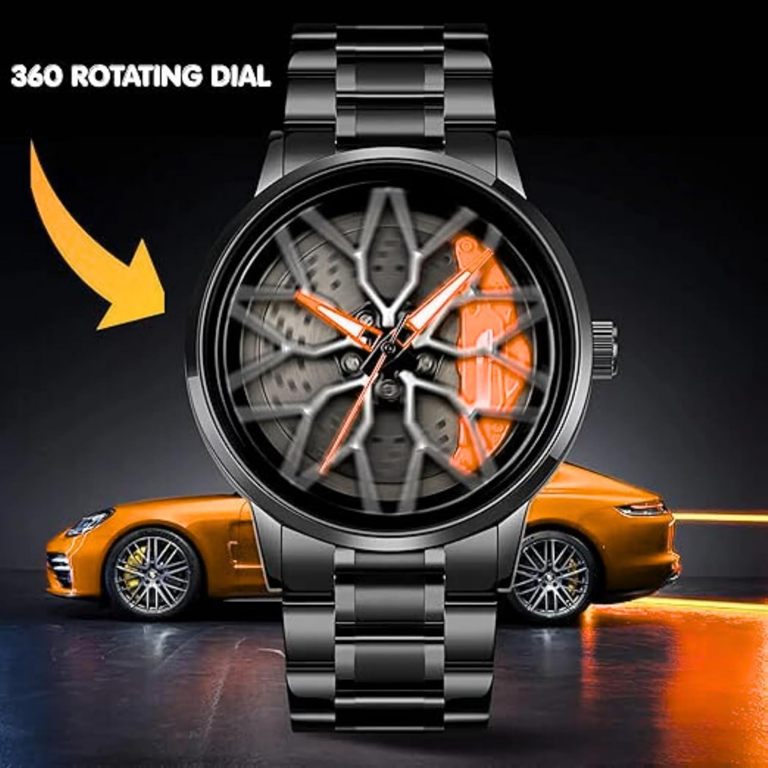 GOLDENIZE FASHION Branded Men's Sport Quartz Watch Car Wheel Multicolour Dial Wheel Dial 360 Rotating Casual Fashion Stainless Steel Alloy Mens &Boy's Luxury Metal Gift Creative Watch