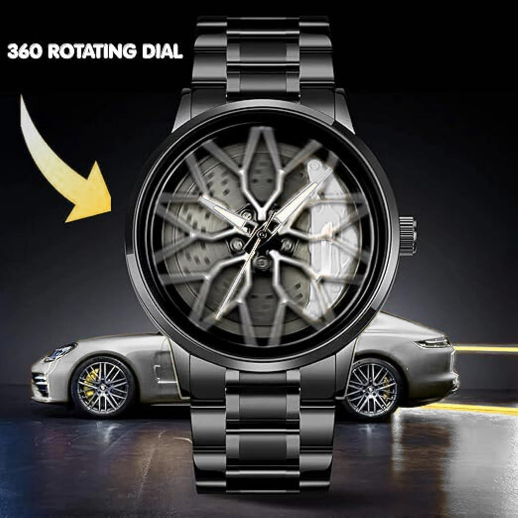 GOLDENIZE FASHION Branded Men's Sport Quartz Watch Car Wheel Multicolour Dial Wheel Dial 360 Rotating Casual Fashion Stainless Steel Alloy Mens &Boy's Luxury Metal Gift Creative Watch