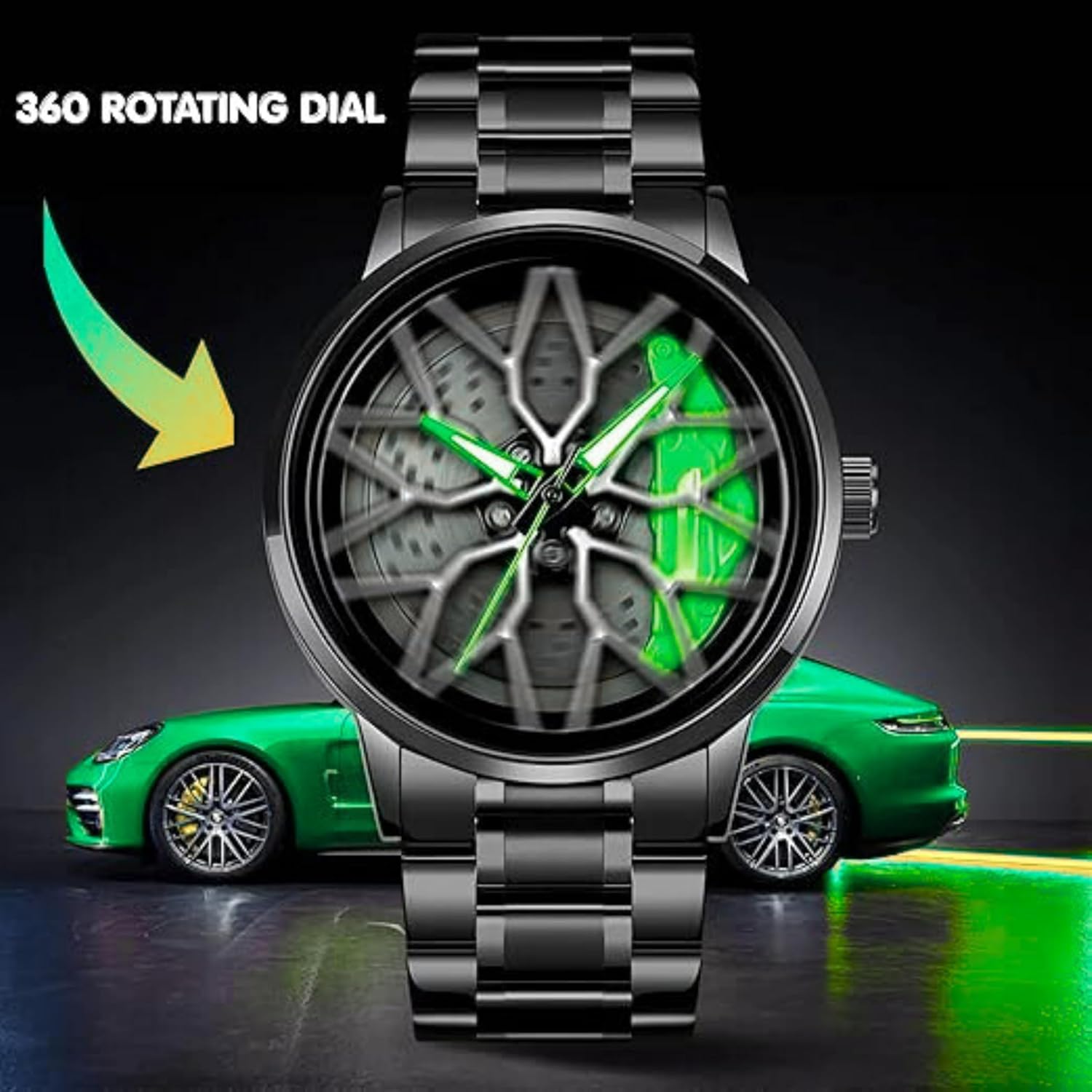GOLDENIZE FASHION Branded Men's Sport Quartz Watch Car Wheel Multicolour Dial Wheel Dial 360 Rotating Casual Fashion Stainless Steel Alloy Mens &Boy's Luxury Metal Gift Creative Watch