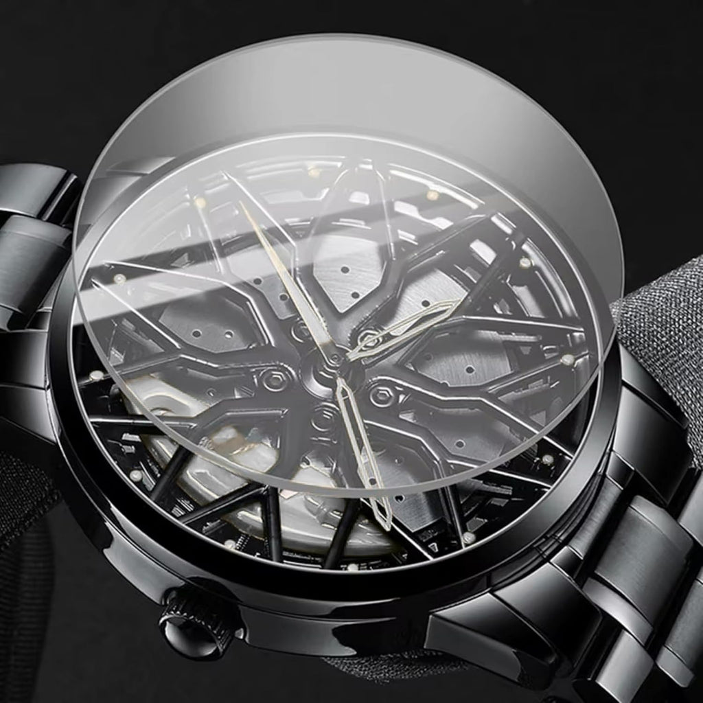 GOLDENIZE FASHION Branded Men's Sport Quartz Watch Car Wheel Multicolour Dial Wheel Dial 360 Rotating Casual Fashion Stainless Steel Alloy Mens &Boy's Luxury Metal Gift Creative Watch