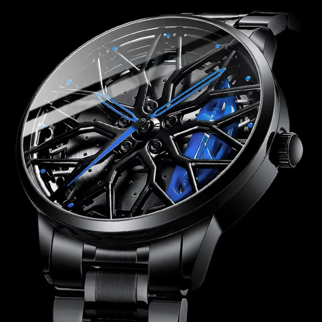 GOLDENIZE FASHION Branded Men's Sport Quartz Watch Car Wheel Multicolour Dial Wheel Dial 360 Rotating Casual Fashion Stainless Steel Alloy Mens &Boy's Luxury Metal Gift Creative Watch
