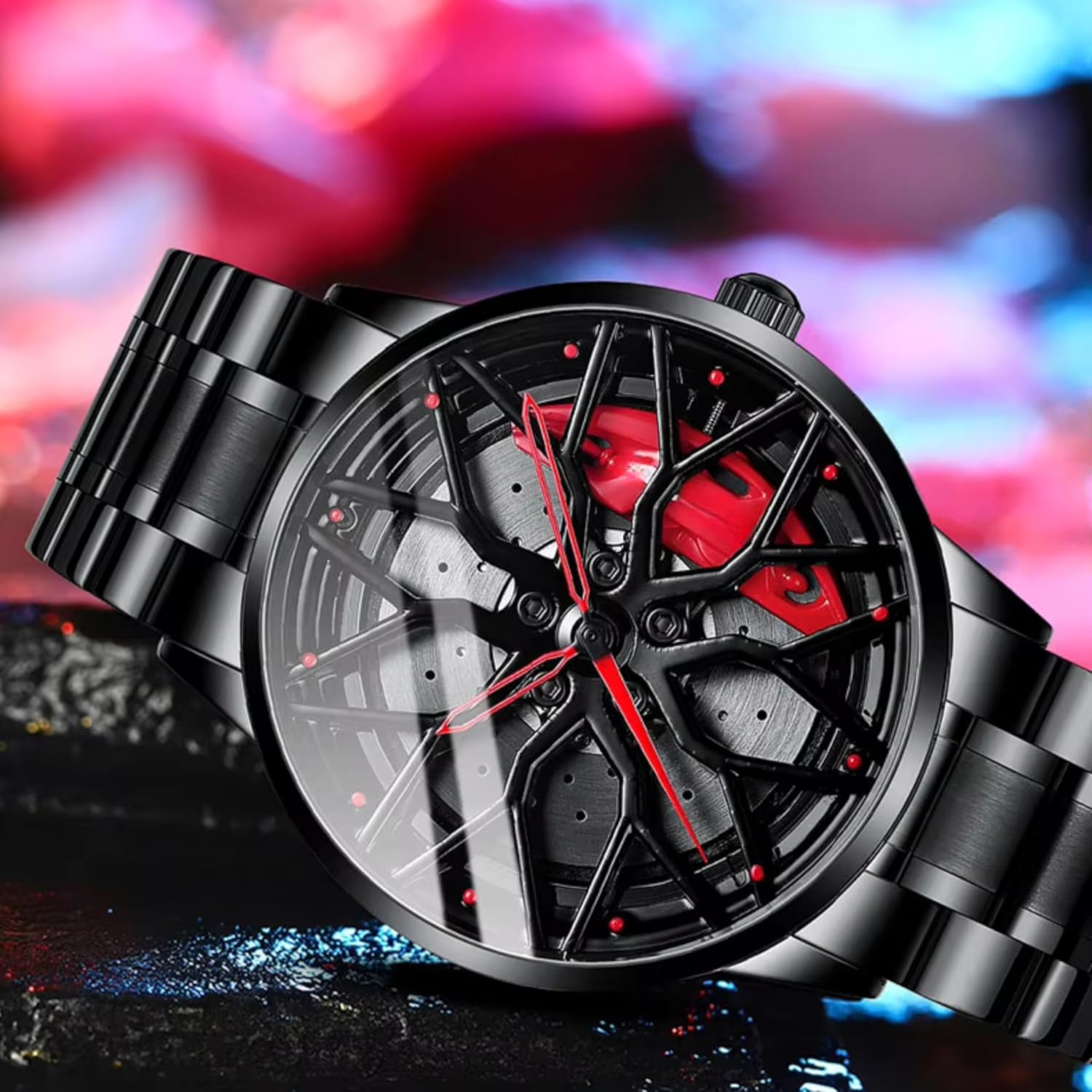 GOLDENIZE FASHION Branded Men's Sport Quartz Watch Car Wheel Multicolour Dial Wheel Dial 360 Rotating Casual Fashion Stainless Steel Alloy Mens &Boy's Luxury Metal Gift Creative Watch