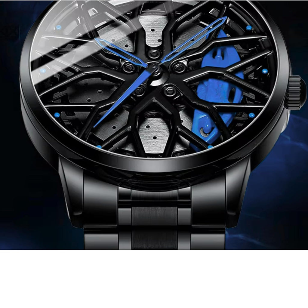 GOLDENIZE FASHION Branded Men's Sport Quartz Watch Car Wheel Multicolour Dial Wheel Dial 360 Rotating Casual Fashion Stainless Steel Alloy Mens &Boy's Luxury Metal Gift Creative Watch