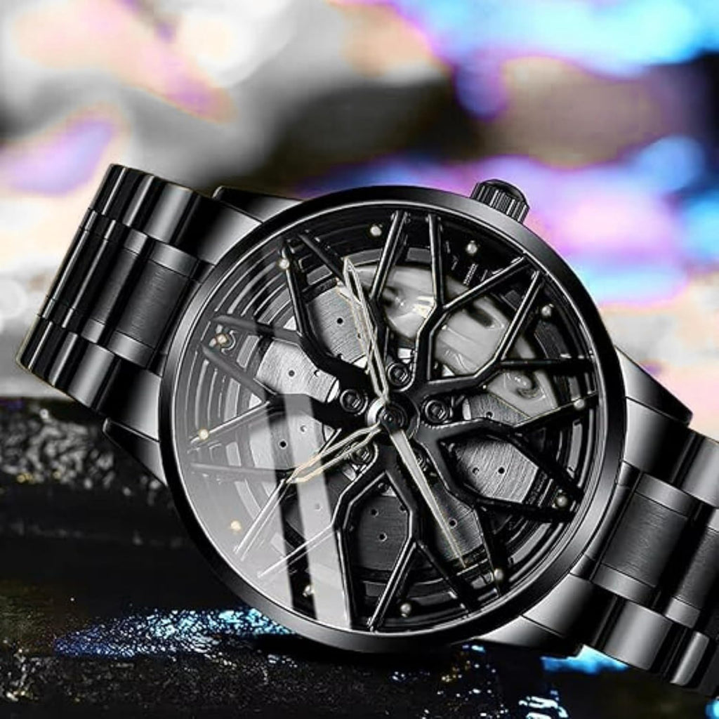 GOLDENIZE FASHION Branded Men's Sport Quartz Watch Car Wheel Multicolour Dial Wheel Dial 360 Rotating Casual Fashion Stainless Steel Alloy Mens &Boy's Luxury Metal Gift Creative Watch