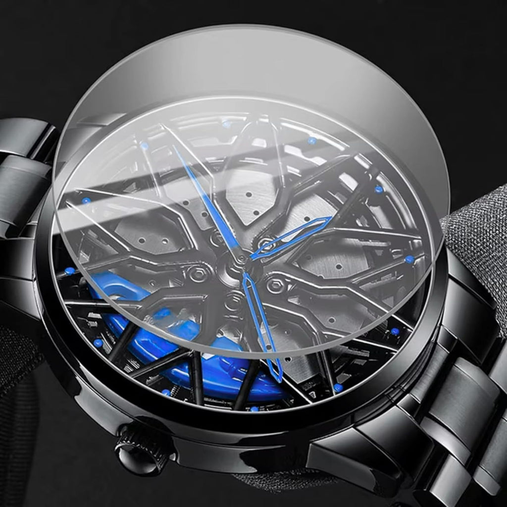 GOLDENIZE FASHION Branded Men's Sport Quartz Watch Car Wheel Multicolour Dial Wheel Dial 360 Rotating Casual Fashion Stainless Steel Alloy Mens &Boy's Luxury Metal Gift Creative Watch