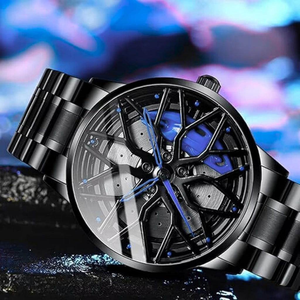 GOLDENIZE FASHION Branded Men's Sport Quartz Watch Car Wheel Multicolour Dial Wheel Dial 360 Rotating Casual Fashion Stainless Steel Alloy Mens &Boy's Luxury Metal Gift Creative Watch