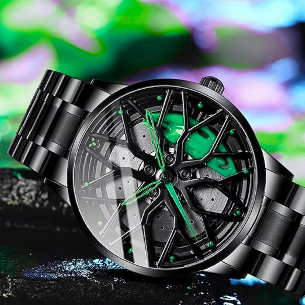 GOLDENIZE FASHION Branded Men's Sport Quartz Watch Car Wheel Multicolour Dial Wheel Dial 360 Rotating Casual Fashion Stainless Steel Alloy Mens &Boy's Luxury Metal Gift Creative Watch